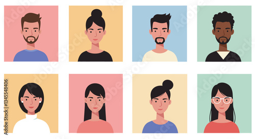 Diverse group of people with various expressions in flat vector illustration