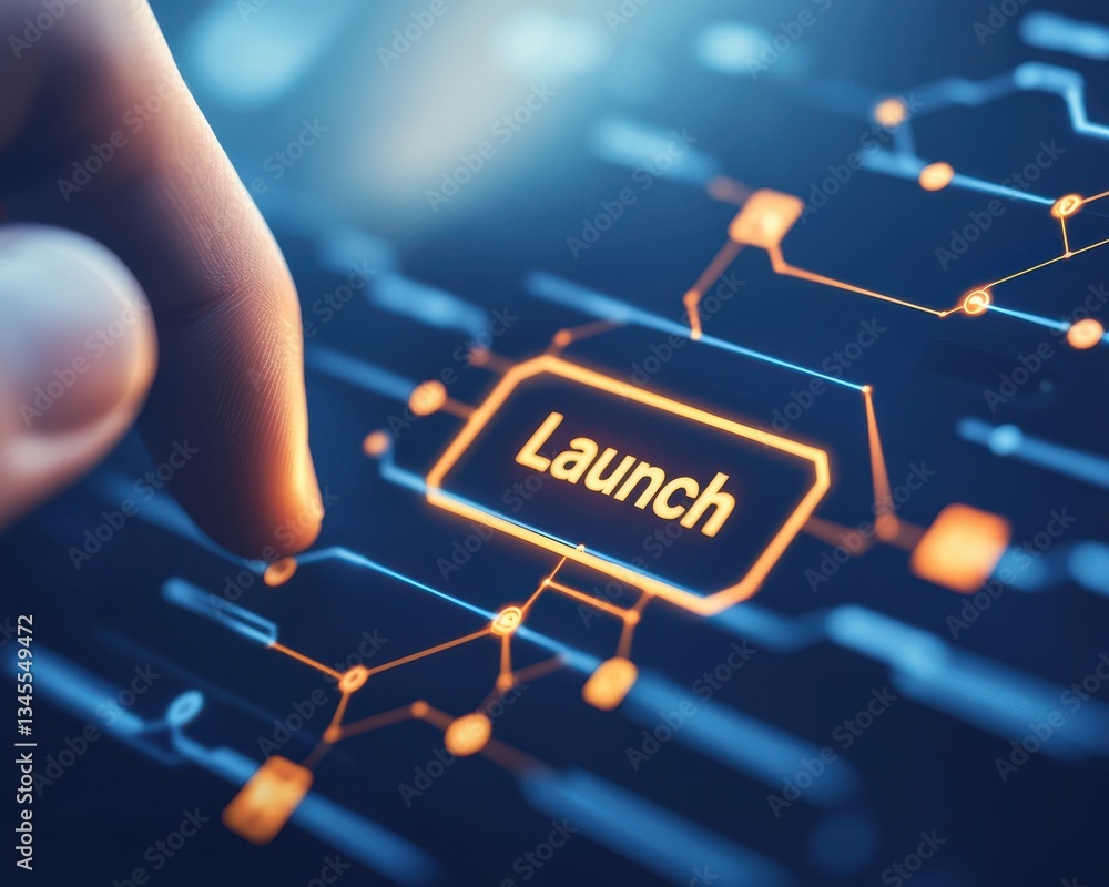 Fototapeta premium startup success execution competition concept. Finger pressing a digital launch button on a futuristic interface.