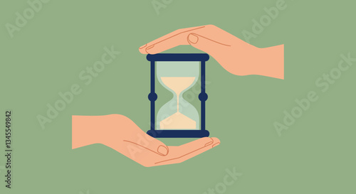Two hands exchanging an hourglass in flat minimal vector art