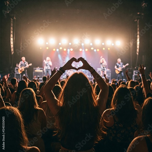 Girl showing heart-shape symbol enjoying her favorite group on the concert