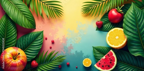 Fototapeta Naklejka Na Ścianę i Meble -  Vibrant palm leaves and exotic fruits on a colorful background, nature, bright, watermelon