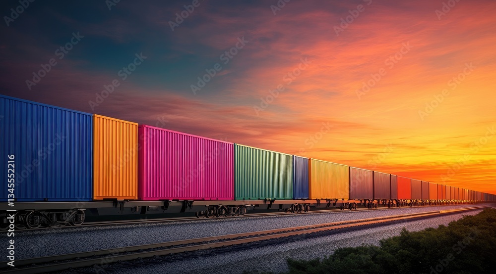 Fototapeta premium Colorful freight train at sunset