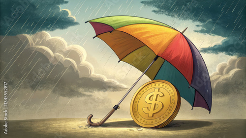 colorful umbrella shelters coin symbolizing financial security and insurance photo