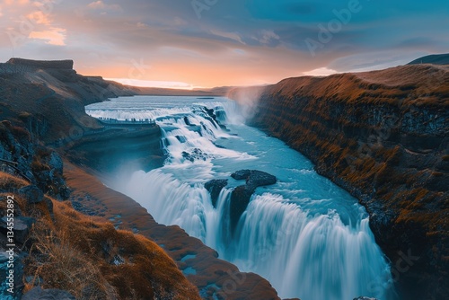 Wallpaper Mural Detailed Visual  of Breathtaking Sunset Waterfall in Iceland Torontodigital.ca
