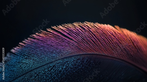 Soft purple and blue feather with a silky texture, glowing under soft natural light, highlighting its details.