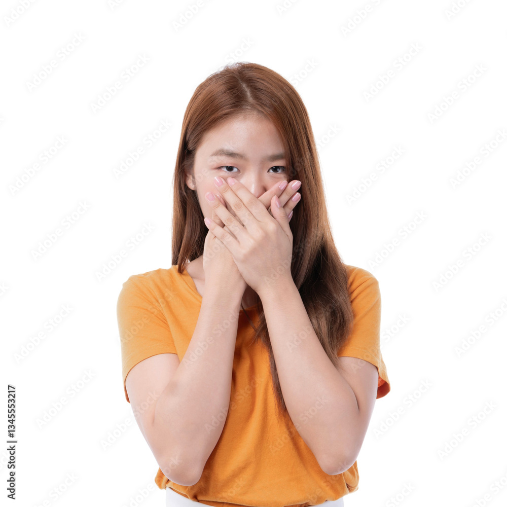 Shy Young Woman Covering Mouth with Hands, Expressing Surprise or Embarrassment, isolated on a transparent background, Emotional Facial Expression, Asian Female, Casual Orange T-Shirt Shy Young Woman Covering Mouth with Hands, Expressing Surprise or Embarrassment, isolated on a transparent background, Emotional Facial Expression, Asian Female, Casual Orange T-Shirt