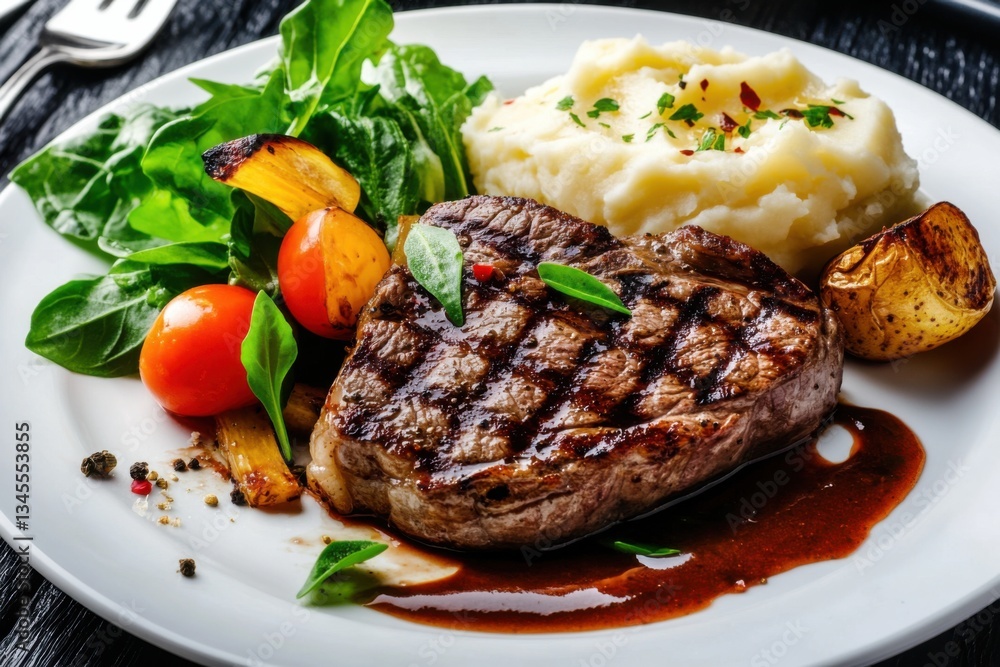 Classic steak dinner with side dishes on a white plate, buttery mashed potatoes, vibrant greens, warm and inviting composition Classic steak dinner with side dishes on a white plate, buttery mashed potatoes, vibrant greens, warm and inviting composition