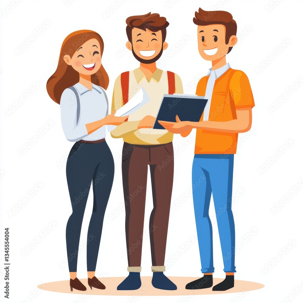 Obraz premium Friendly group of diverse people smiling and sharing documents in a bright and modern office environment