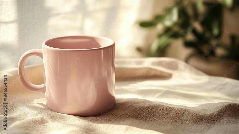 Pink Mug on Beige Fabric in Sunlight Pink Mug on Beige Fabric in Sunlight