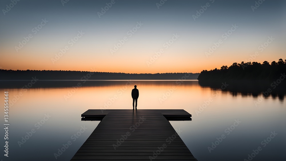 A lone man stands a wooden dock overlooking a tranquil lake sunset, water reflecting warm orange blue hues sky.