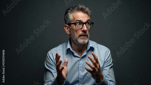 Middle-Aged Man with Glasses Expressing Fear and Tension Through Hand Gestures