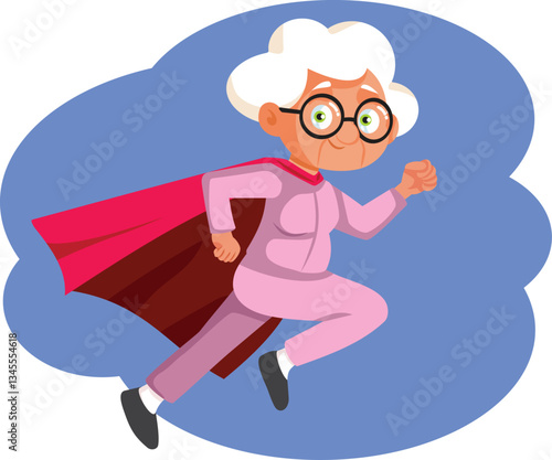 Superhero Granny Running in Full Speed Vector Cartoon Character. Agile granny in superhero costume feeling active and positive 

