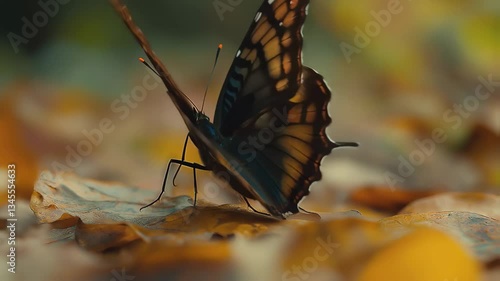 Delicate butterfly with detailed wings resting on autumn leaves, natural wildlife macro photography with seasonal forest environment