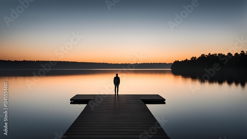 Obraz na płótnie A lone man stands a wooden dock overlooking a tranquil lake sunset, water reflecting warm orange blue hues sky. w salonie