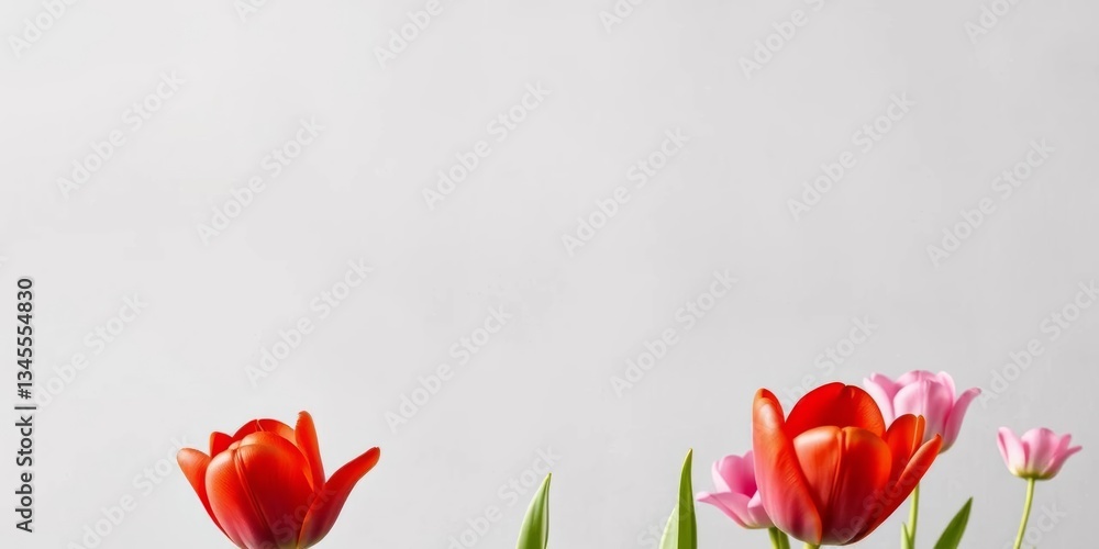 Obraz premium Three vibrant red tulips stand out against a muted gray backdrop; others bloom softly on a light background, white, nature