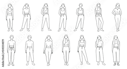Female character poses showcasing different stances in minimal line art vector illustration
