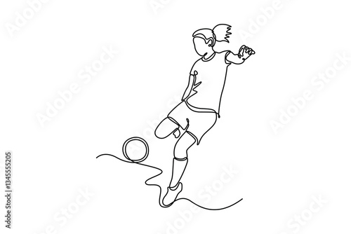 Continuous one line drawing beautiful female football striker shooting the ball to make a goal at national stadium. Soccer sport match competition. Single line draw design vector graphic illustration
