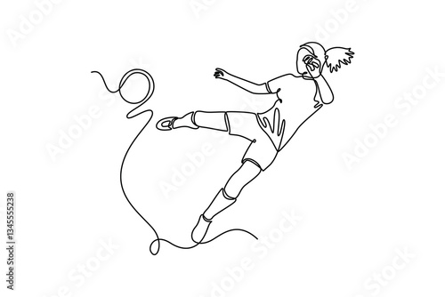 Continuous one line drawing young attractive female football striker performing a jump kick trick to make goal. Soccer league competition concept. Single line draw design vector graphic illustration