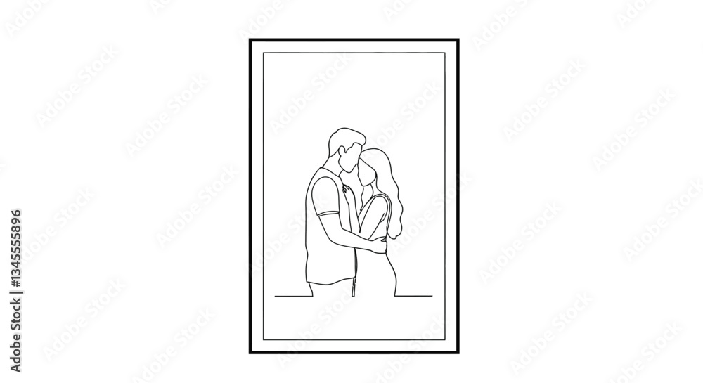 Fototapeta premium Embracing couple in minimal line art style for romantic vector illustration
