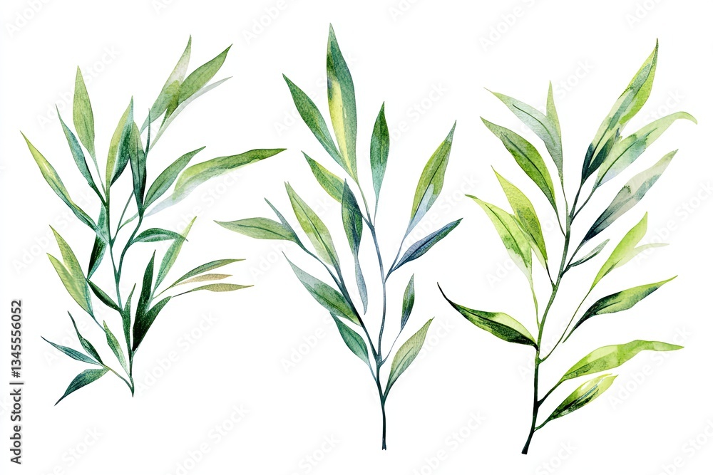 Naklejka premium Set of watercolor Willow Leaves hand drawn on a white background