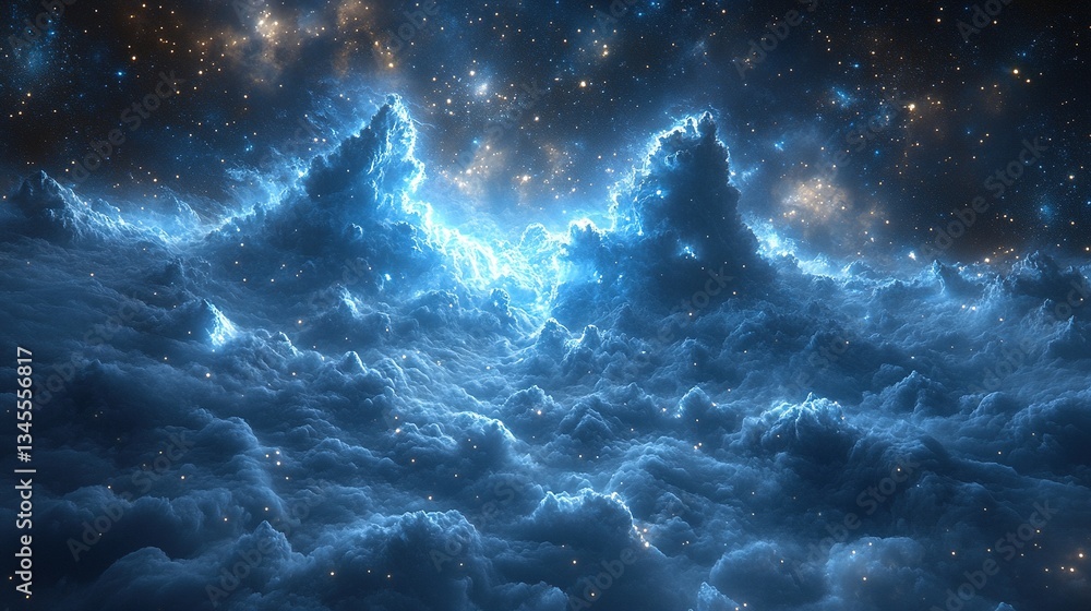 Obraz premium Glowing nebula cloudscape, cosmic dust, starry backdrop