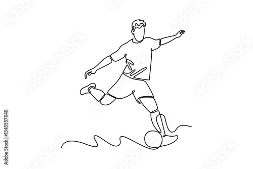 Single one line drawing attractive male football player striker take a free kick. Competitive on soccer competition match sports concept. Modern continuous line draw design graphic vector illustration
