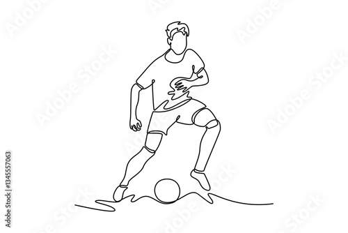 Single one line drawing midfielder male football player make a move control ball and see opportunities to attack opponent area. Soccer concept. Continuous line draw design graphic vector illustration