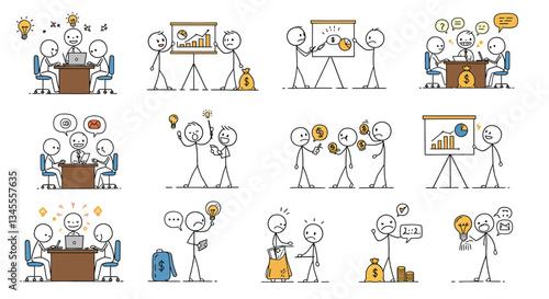 Stick figure characters interacting in office scenes with flat design vector art