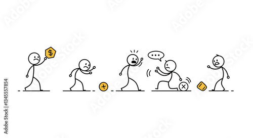 Stick figure character progression in flat minimal vector art illustration