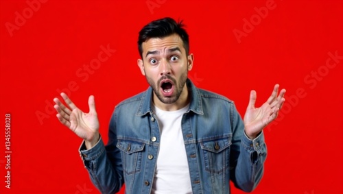 Surprised Young Man with Open Mouth on Red Background – Studio Portrait
