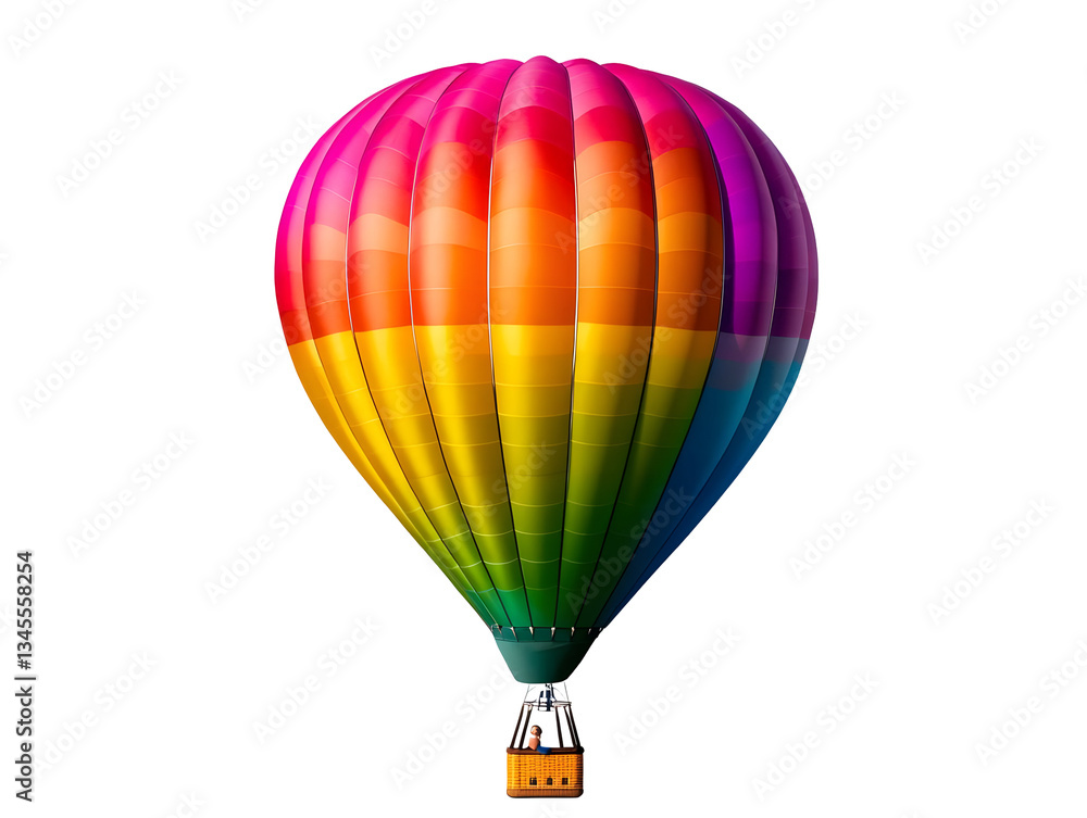 Naklejka premium Colorful Hot Air Balloon Illustration Floating Gently Upward Against Transparent Backdrop Symbolizing Joy Celebration Adventure and Hope with Rainbow Gradient Pattern for Summer Festival Flight