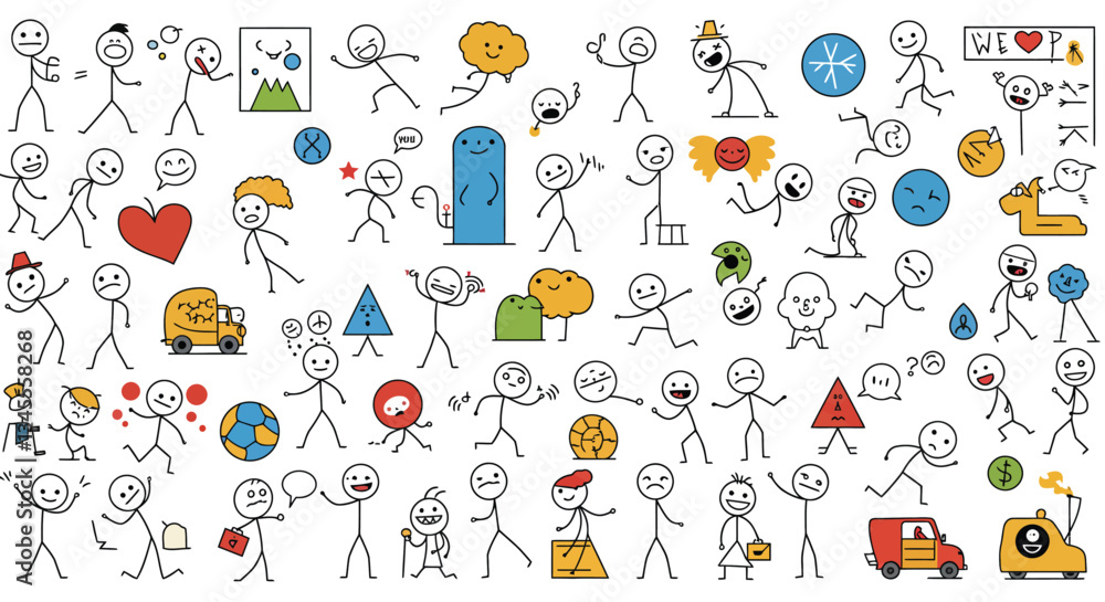 Stick figure characters engaging in activities with flat design elements in colorful vector illustration Stick figure characters engaging in activities with flat design elements in colorful vector illustration