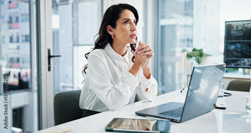 Wallpaper Mural Doctor, laptop and thinking with woman in hospital for cardiology, medical or telehealth. Healthcare, problem solving and tablet with professional in clinic for administration, management or research Torontodigital.ca