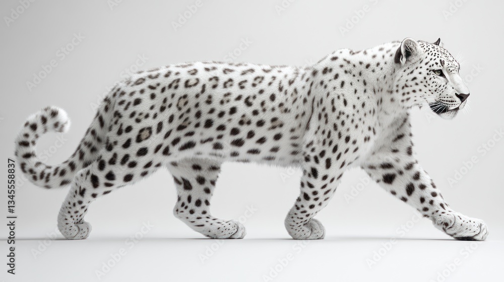 White snow leopard in profile walk, studio shot. Possible stock photo White snow leopard in profile walk, studio shot. Possible stock photo