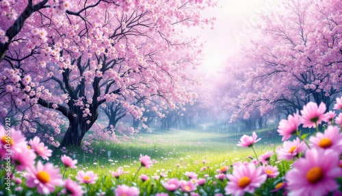 Wallpaper Mural Beautiful garden under the rain of brilliant cherry blossoms Torontodigital.ca