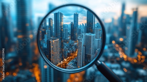 magnifier and percentage marks on cityscape background checking on interest dividends or tax rates