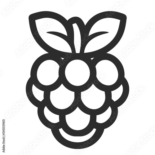 A simple line drawing of a cluster of raspberries with leaves.