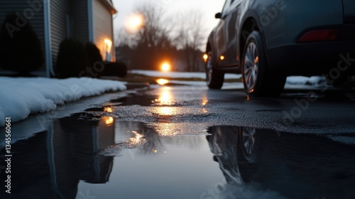Obraz na płótnie Winter sunset puddle reflection w salonie