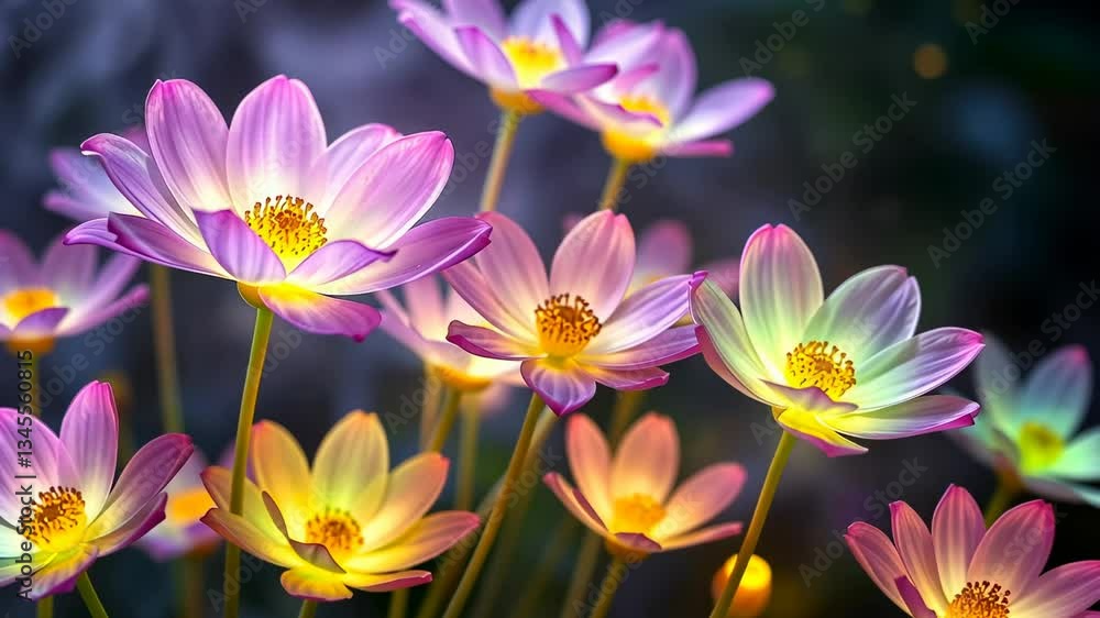 Close Up of Illuminated Pink and Yellow Cosmos Flowers in a Dark Background Close Up of Illuminated Pink and Yellow Cosmos Flowers in a Dark Background