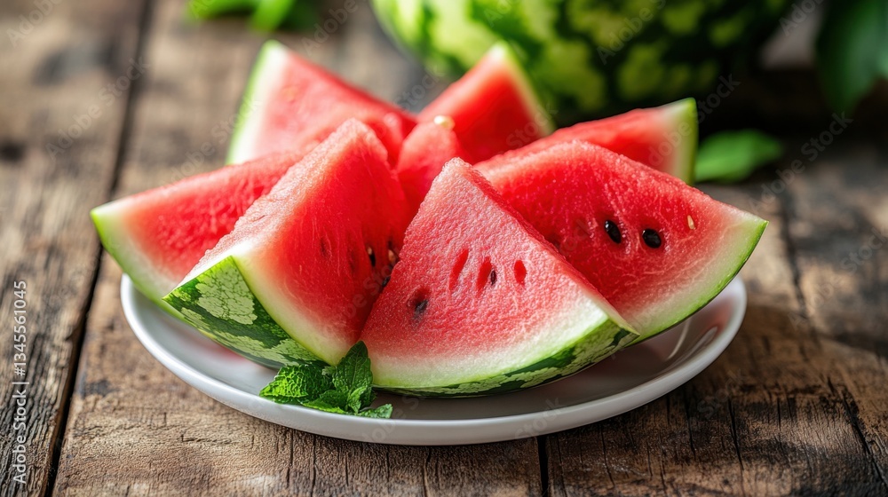 Fresh slices of juicy watermelon on a rustic wooden table Fresh slices of juicy watermelon on a rustic wooden table