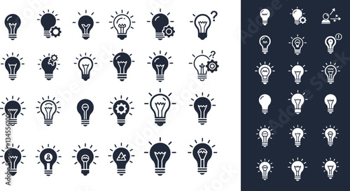 Light bulb icons in various designs showcasing ideas and creativity in flat vector art