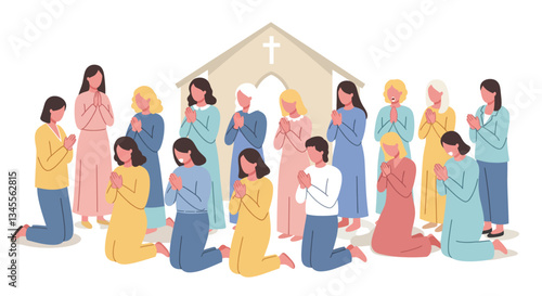 Group of people praying inside a church in flat vector art style vector illustration