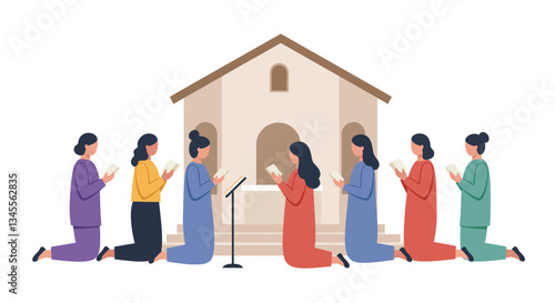 Group of women praying in colorful robes in flat vector art