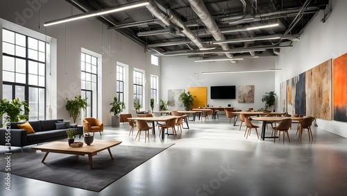 Spacious, bright loft office featuring modern furniture, large windows, contemporary artwork.