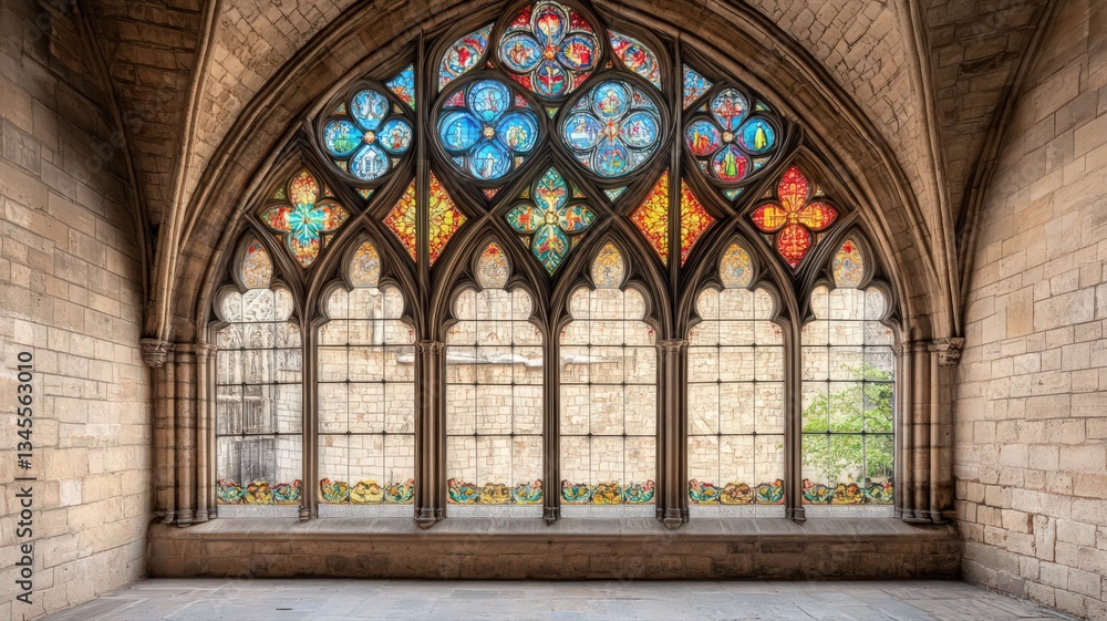 Multicolored Stained Glass Window in Stone Archway Multicolored Stained Glass Window in Stone Archway