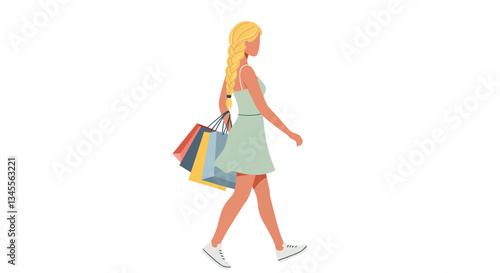 Woman walking with shopping bags in minimal design style vector art