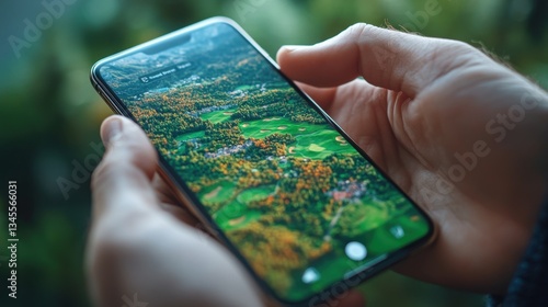 online shopping concept golf shop website on smartphone display closeup of male hands touching smartphone screen at table