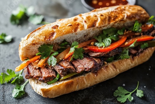 Banh mi sandwich with grilled steak, cilantro and pickled vegetables. Perfect for menus, blog posts, or showing off delicious food photography.