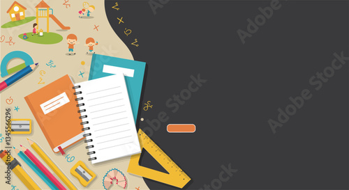 Colorful stationery and playful children in a vibrant schoolyard setting