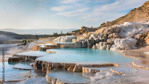 Shallow pools of turquoise water cascade down a hillside